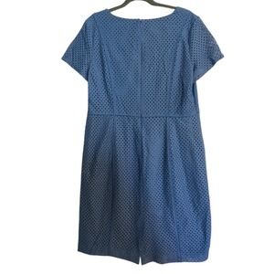 Talbots Blue Eyelet Sheath Dress Short Sleeve Lined Knee Length Size 16